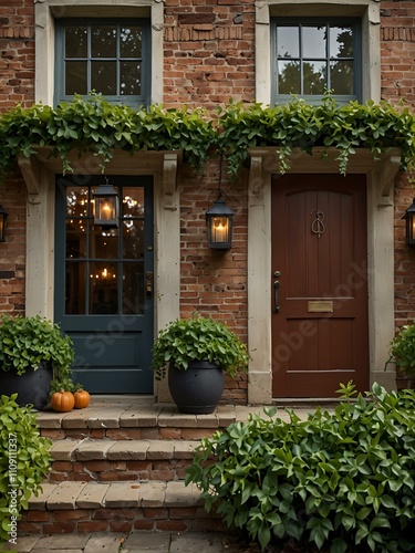 Vintage front home with climbing ivy and rustic lanterns  creating an inviting atmosphere.