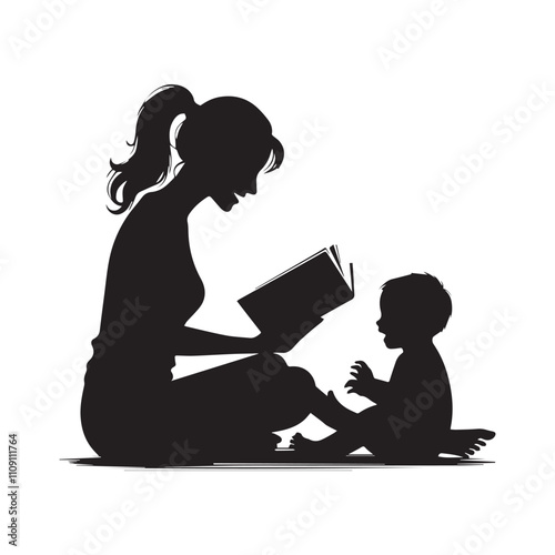 Mother and child reading together vector silhouette design. Mother's Day concept illustration.