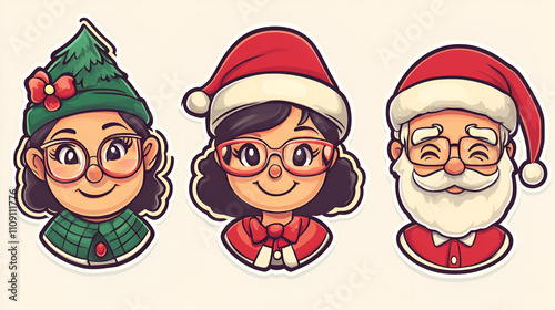 Three cheerful cartoon characters in festive outfits: a Santa, a girl with glasses, and a Christmas tree hat, embodying the joy of the holiday season. photo