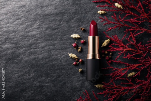 Bold Burgundy Lipstick Surrounded by Natural Elements and Textures photo