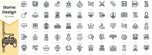 Simple Outline Set of Game Design Icons. Thin Line Collection contains such Icons as adventure game, board game, boss, capture the flag, character, compass and more photo