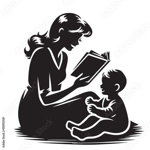 Mother and child reading together vector silhouette design. Mother's Day concept illustration.