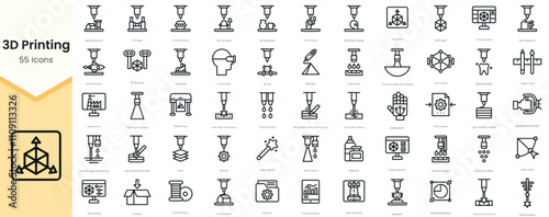 Simple Outline Set of 3D Printing Icons. Thin Line Collection contains such Icons as 3d architecture, 3d bridges, 3d scanner, laminated object manufacturing and more