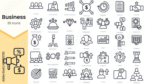 Simple Outline Set of Business Icons. Thin Line Collection contains such Icons as online consulting, opportunities searching, opportunity, overtime, paperwork, and more