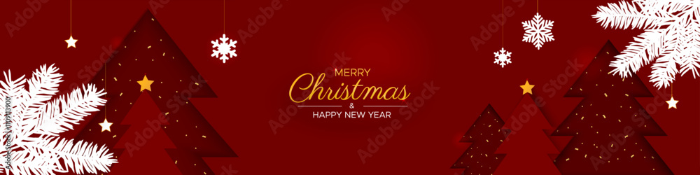 Merry Christmas and Happy New Year web banner. Red christmas tree in paper cut style with snowflake on a red background. Merry Christmas and Happy New Year web banner. Red christmas tree in paper cut style with snowflake on a red background.