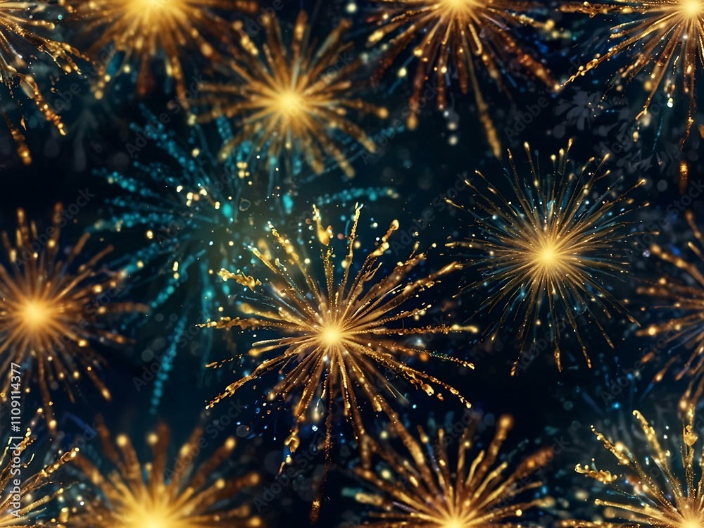 Fototapeta premium Vintage-style fireworks in gold and blue with bokeh.
