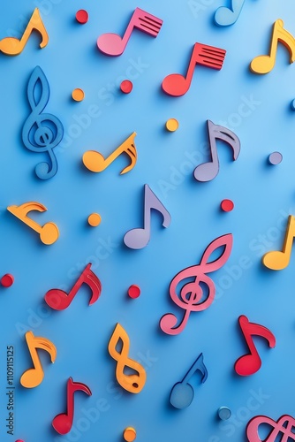 Colorful musical notes and symbols are beautifully scattered on a blue backdrop, ideal for musicthemed designs photo