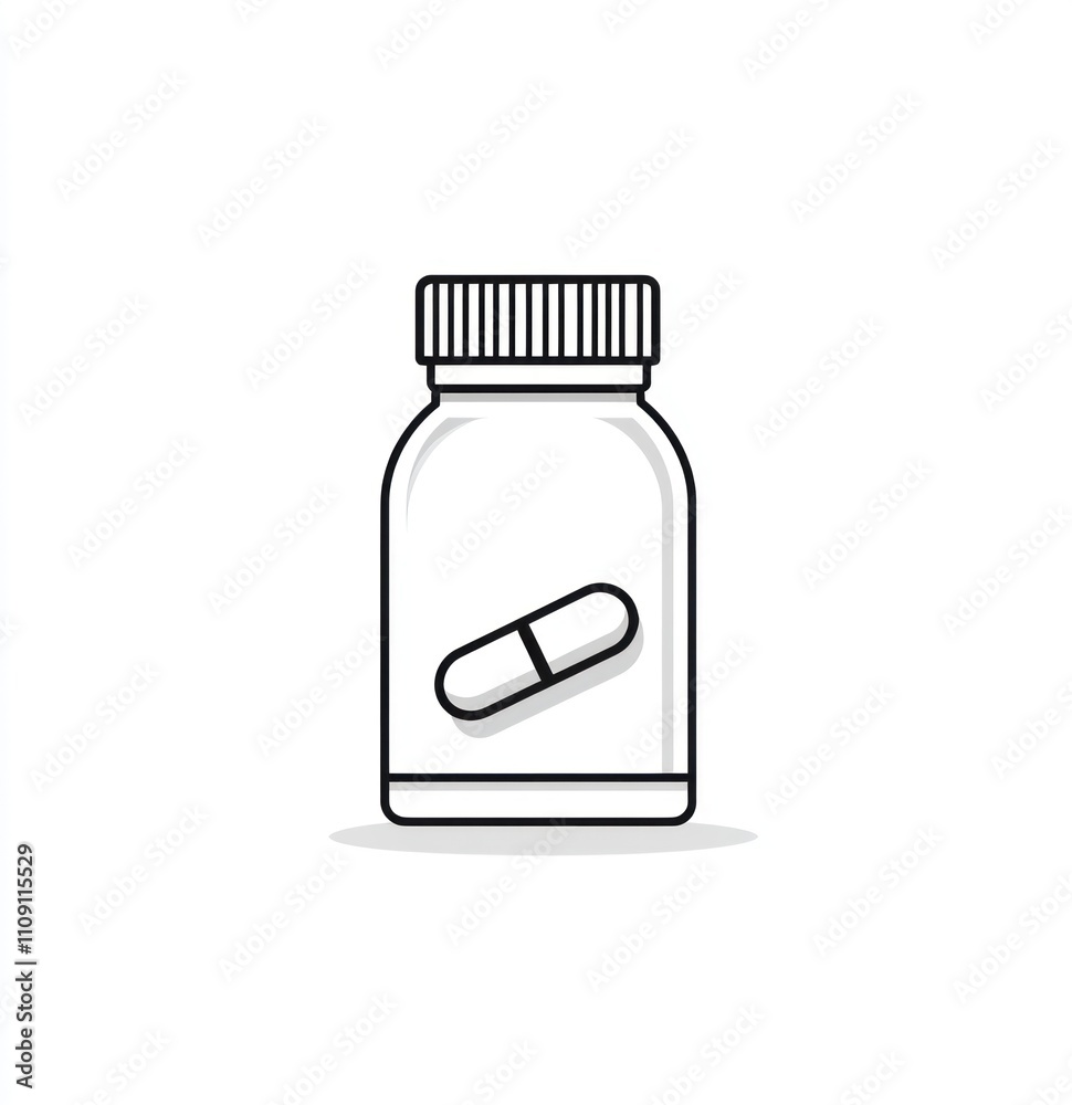 Fototapeta premium Simple line art illustration of a pill bottle with a single capsule inside.
