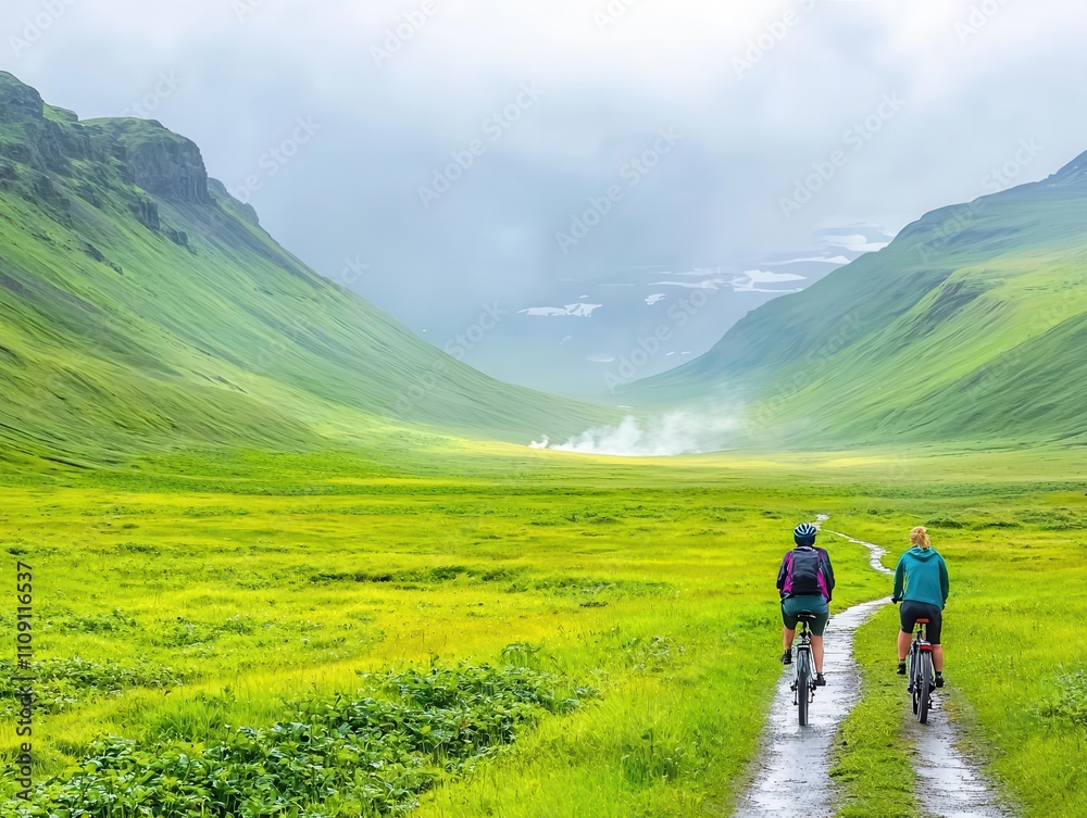 Obraz premium Tourists cycling through a remote Icelandic valley