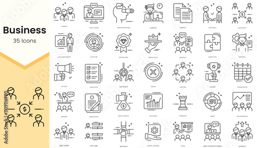 Simple Outline Set of Business Icons. Thin Line Collection contains such Icons as online consulting, opportunities searching, overtime, paperwork and more