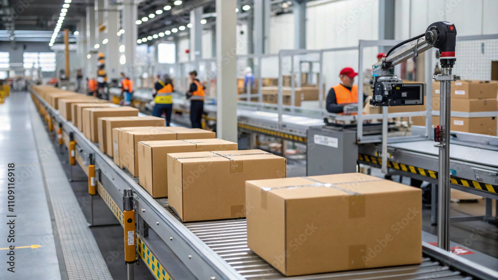 Efficiency in motion: Cardboard boxes glide along the conveyor belt in a bustling warehouse. Efficiency in motion: Cardboard boxes glide along the conveyor belt in a bustling warehouse.