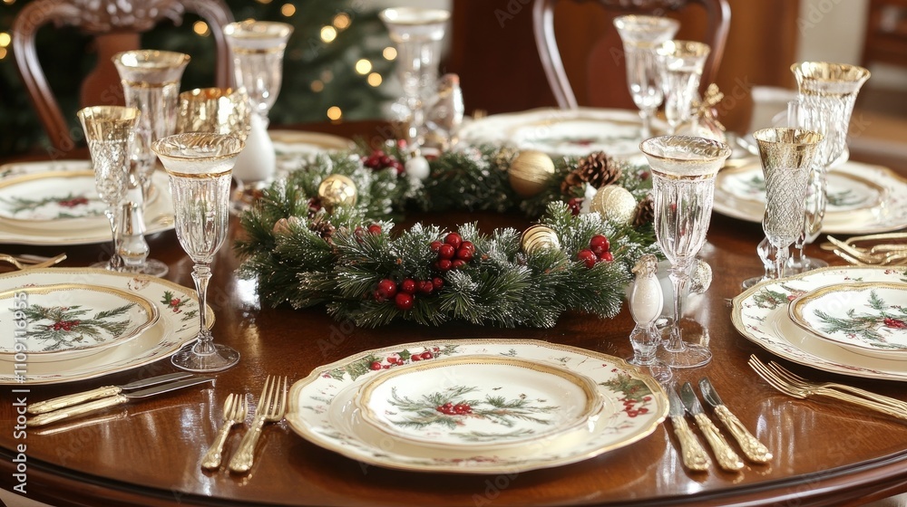 Elegant Christmas table setting with a pine wreath as the centerpiece Elegant Christmas table setting with a pine wreath as the centerpiece