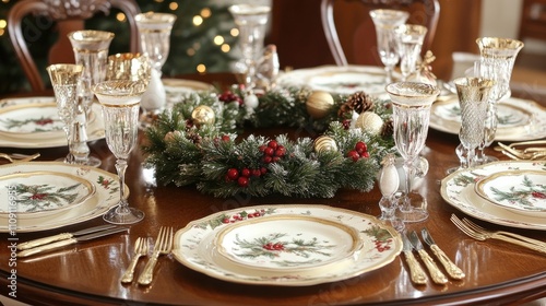 Elegant Christmas table setting with a pine wreath as the centerpiece