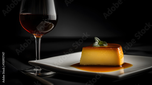 An Elegant Flan Presentation with Dessert Wine in an Upscale Dining Experience photo