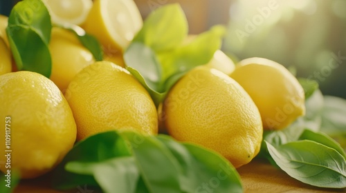 Fresh lemons with vibrant green leaves bask in warm sunlight, AI photo