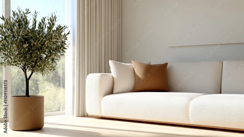 Fototapeta premium Modern Minimalist Living Room Interior with Cozy White Sofa and Indoor Plant in Natural Light