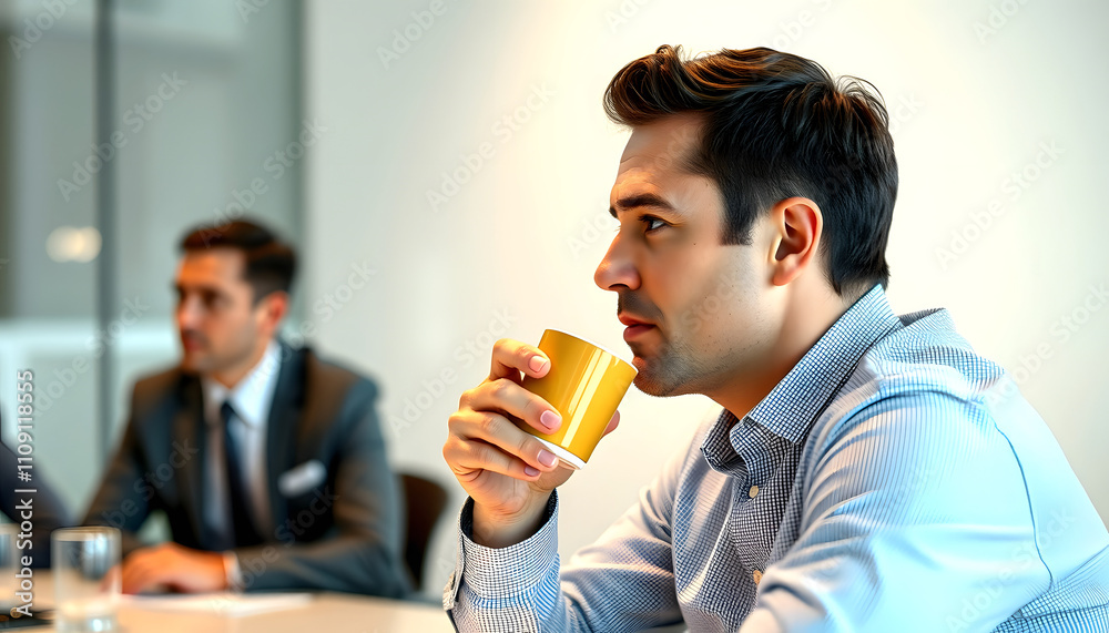 Fototapeta premium Man Drinking Coffee At Business Meeting with a white accent, png