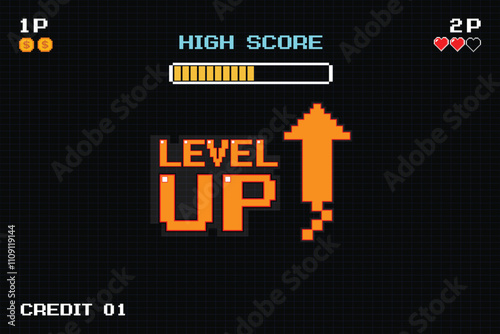 LEVEL UP icon pixel art. 8 bit game. retro game. for game assets in vector illustrations on dark background.