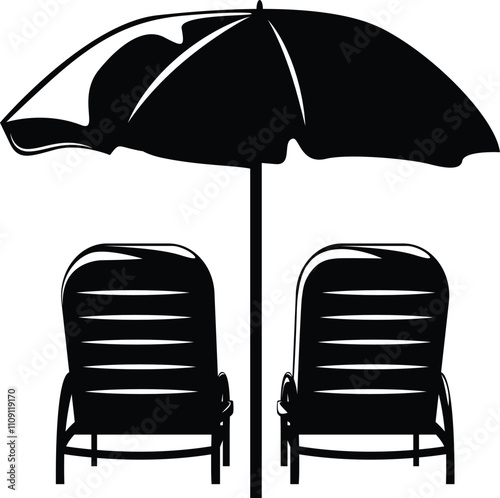 beach chair with umbrella silhouette on White Background