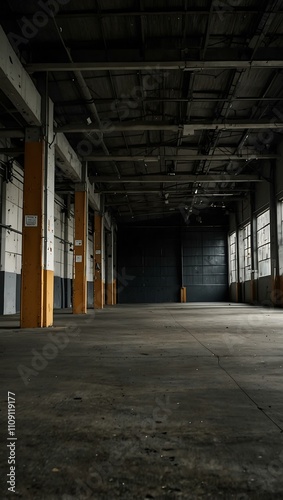 Warehouse belt with no people  empty industrial space.