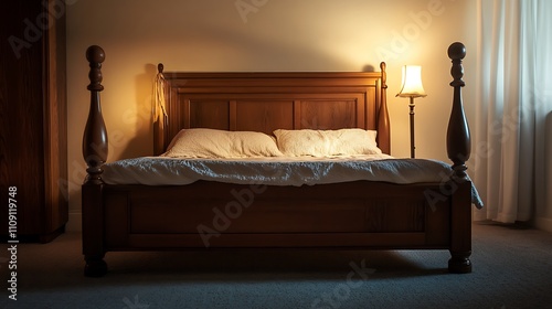 Wooden Bed Frame In A Dimly Lit Room photo