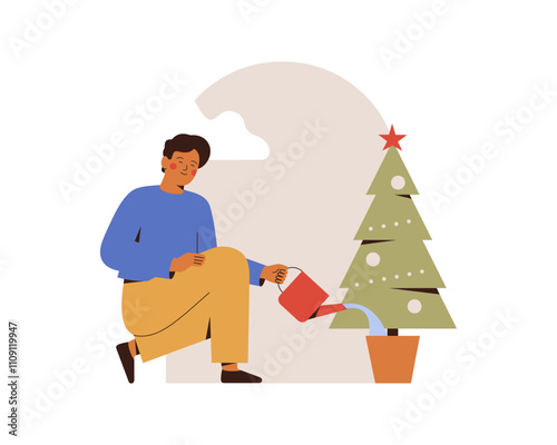 Man watering decorative Christmas fir in the pot. Reuse xmas tree and growth houseplant at home conservation concept. Vector illustration