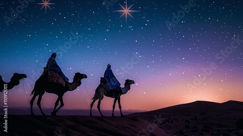 Three magi on camels silhouette with shiny star at night