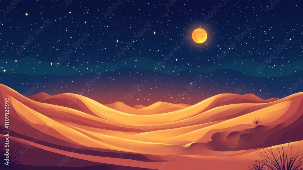 Obraz premium Breathtaking view of desert dunes under a vibrant star-filled night sky, emphasizing serenity and solitude