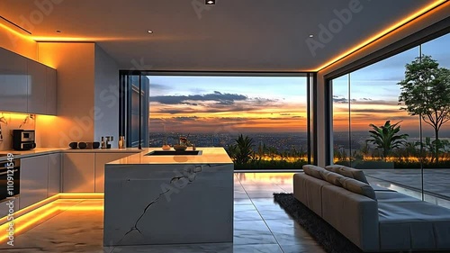 Modern kitchen with sunset view and orange LED lights