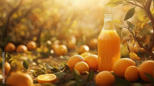 A bottle of orange juice is on a table with oranges