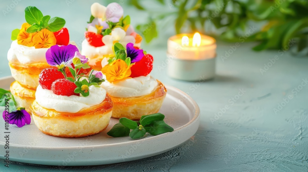 Mini quiche tower arranged with edible flowers and candles, a sophisticated and savory birthday option Mini quiche tower arranged with edible flowers and candles, a sophisticated and savory birthday option