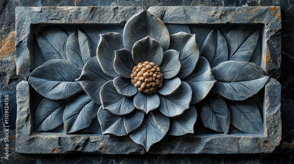 Intricate Stone Relief Carving of a Magnificent Flower Surrounded by Lush Leaves on a Dark Background, Ideal for Artistic and Nature-Themed Designs Intricate Stone Relief Carving of a Magnificent Flower Surrounded by Lush Leaves on a Dark Background, Ideal for Artistic and Nature-Themed Designs