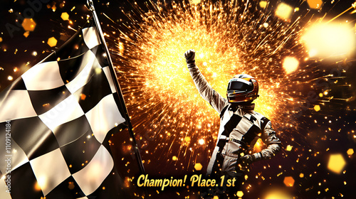 Energized race car driver celebrates winning with a checkered flag against a vibrant backdrop of sparks and confetti, capturing the thrill of motorsport triumph.