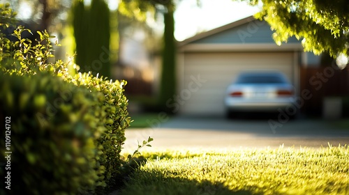 Sunlit Green Shrubbery Before a Garage and Car
