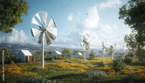 conceptual image windmill fan generate electricity in a small village generated by AI