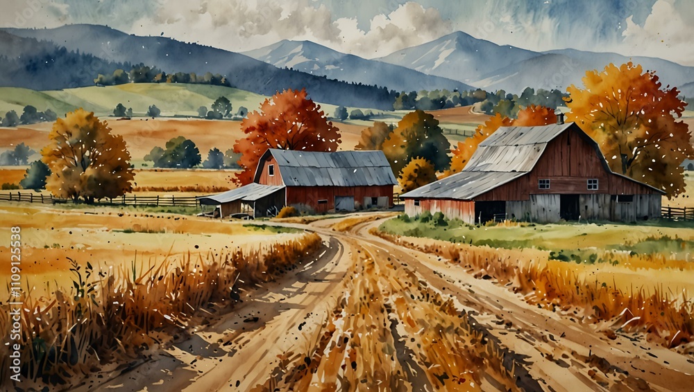 Watercolor autumn landscape with barns and harvested fields.