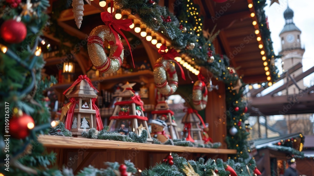 Obraz premium Decorated shelf with Christmas ornaments and decorations