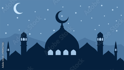 Landscape illustration of mosque silhouette in starry night sky
