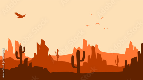 Landscape illustration of wild west desert with cacti and butte