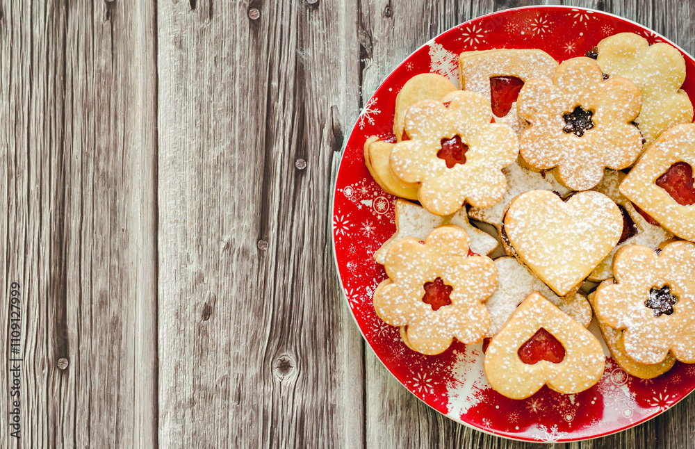 Christmas cookies with jam on wooden table. Christmas cookies with jam on wooden table.