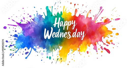 A colorful splash of watercolor with the text "Happy Wednesday" in a playful font, conveying a cheerful midweek greeting.
