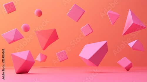 Abstract Pink Geometric Shapes Falling on Coral Background
