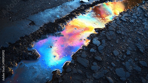 A vibrant oil slick reflecting colors on a dark asphalt surface.