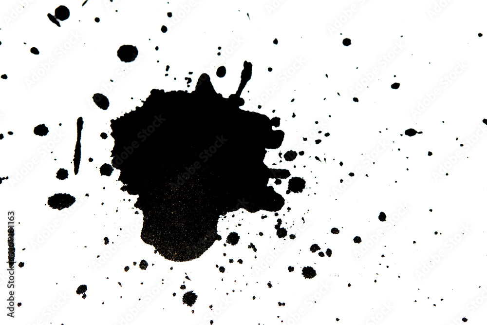 Black Messy Creative Ink Splatters Drips and Inkblot Close Up on White Background