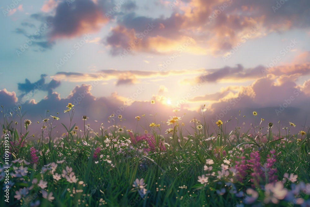Naklejka premium A serene scene of a field of flowers with the sun setting in the background, perfect for use in nature or landscape photography projects