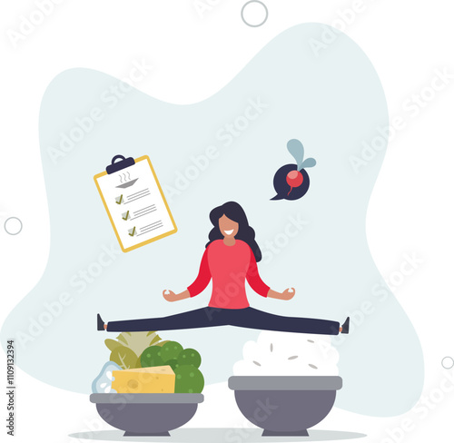 Meal planning as plan for effective food preparation.Healthy eating with balanced vegetables, meat and vitamins intake for weight loss.flat characters.