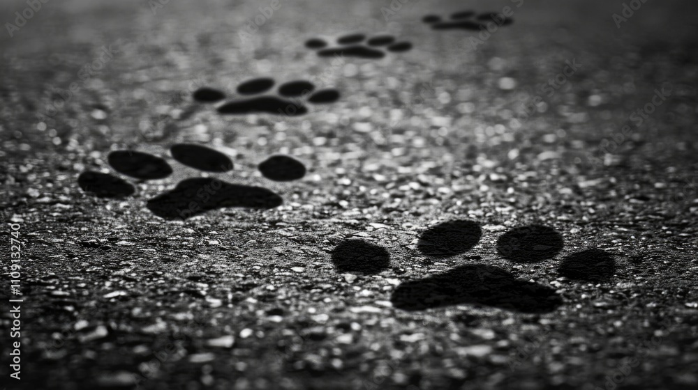 A close-up view of a dog's paw prints in black and white A close-up view of a dog's paw prints in black and white