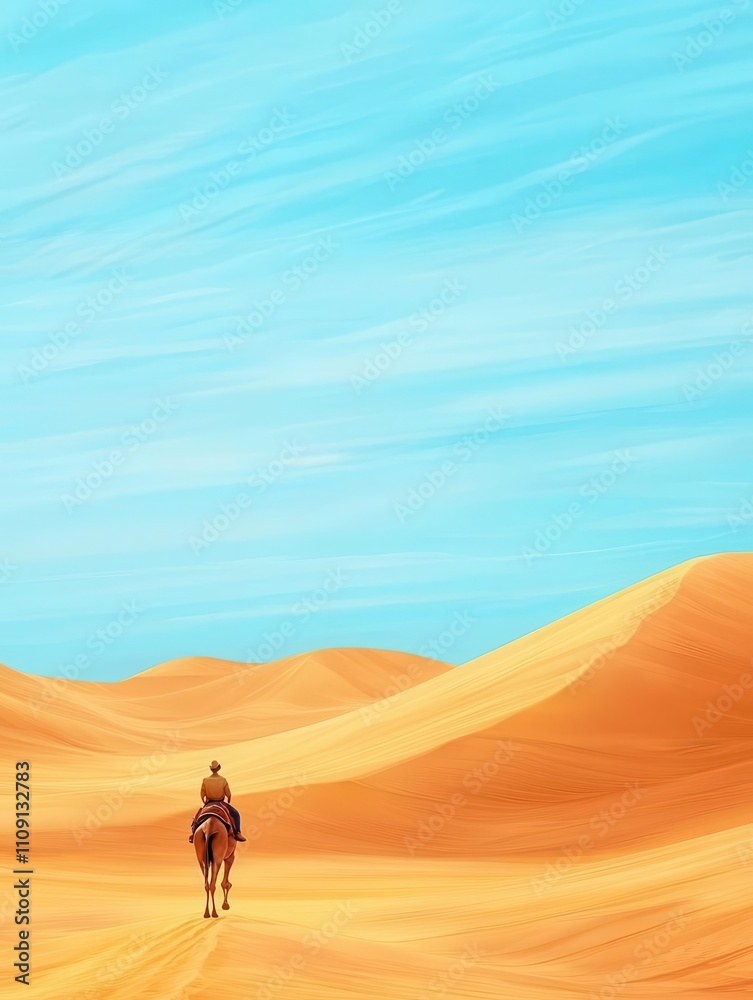 Fototapeta premium Adventurous traveler riding a camel across golden dunes, vibrant sky, 3D illustration