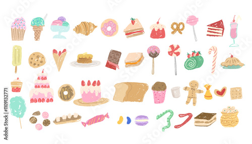 Set of sweets pastry icons. Silhouette line for candy shop, pastry, bakery, cafe, restaurant, confectionery. Desserts for Birthday, holiday, party. Illustrations for menu. Childlike drawing of sweets