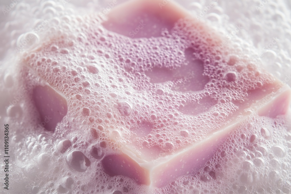 Fototapeta premium A single pink soap sits on top of a pile of white foam